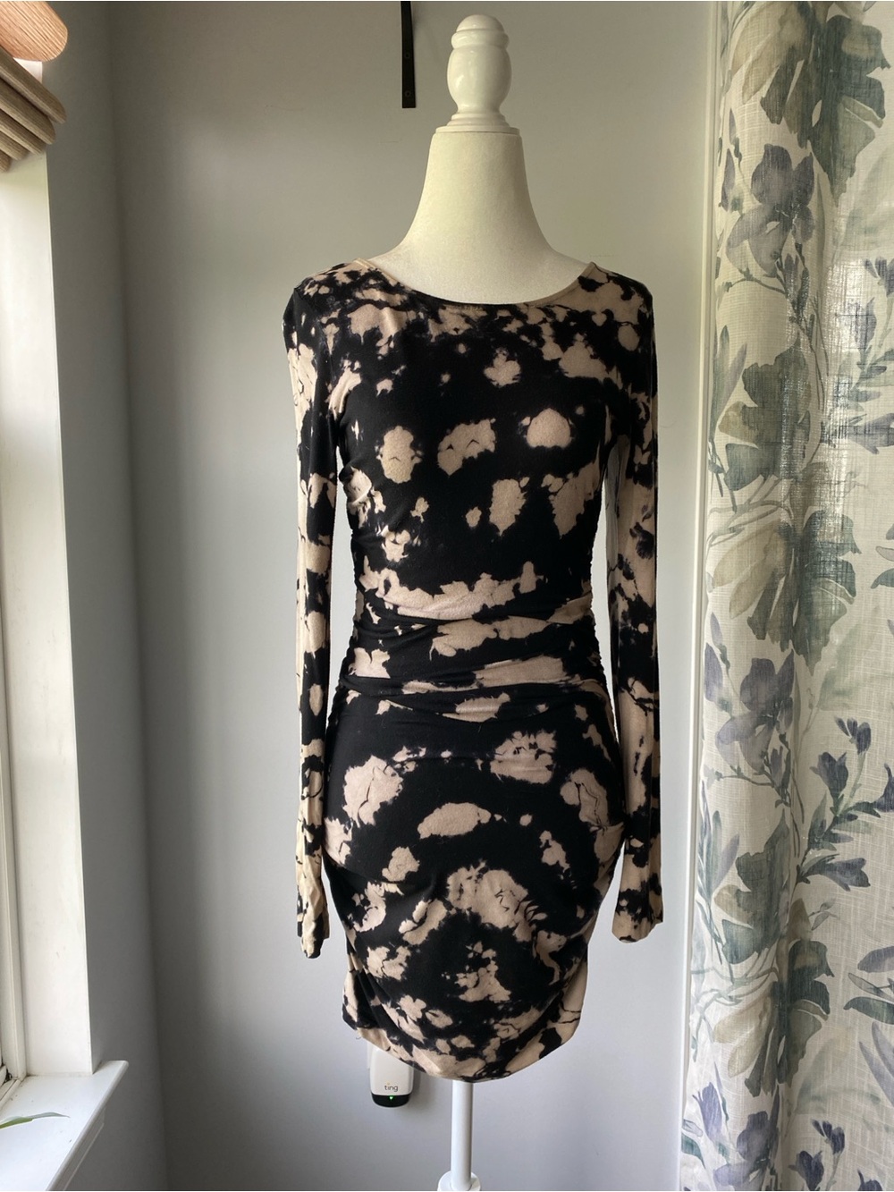 Black & Gray Tie Dye Ruched Bodycon Long Sleeve Dress XS Fairy Grunge Goth